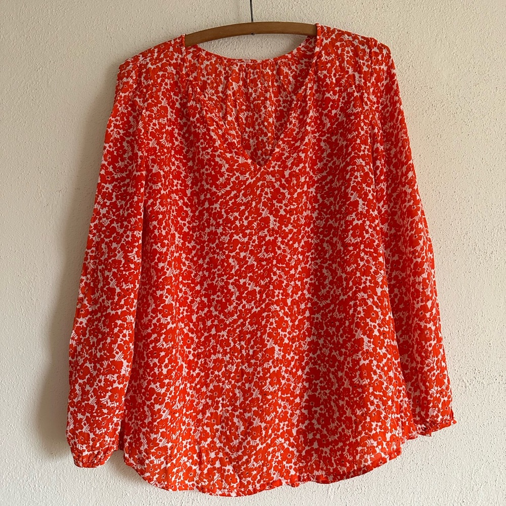 Red floral long sleeve v-neck viscose top